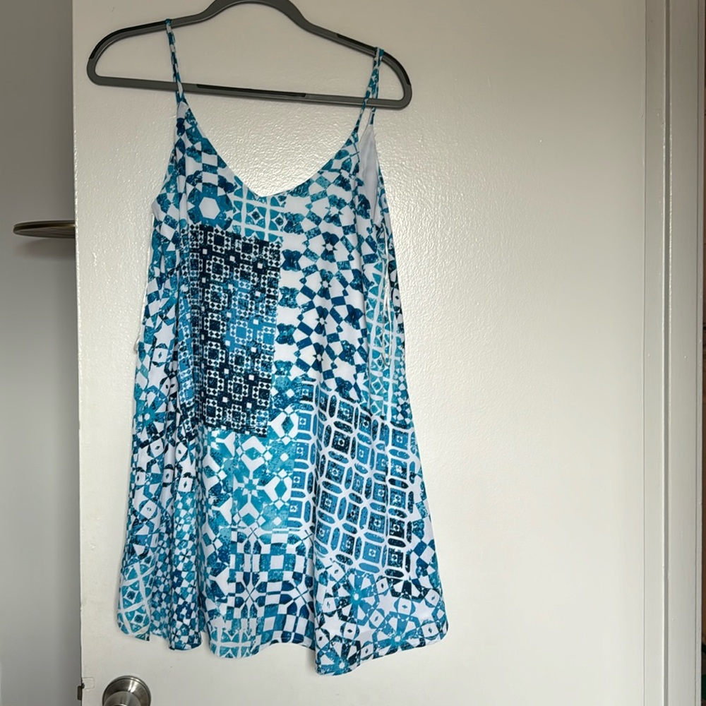 Leith Blue White Spaghetti Strap Mini Swing Dress